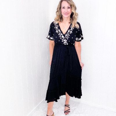 The Way You Look Tonight Black and Embroidered V-Neck Dress sold by Boujee Boutique