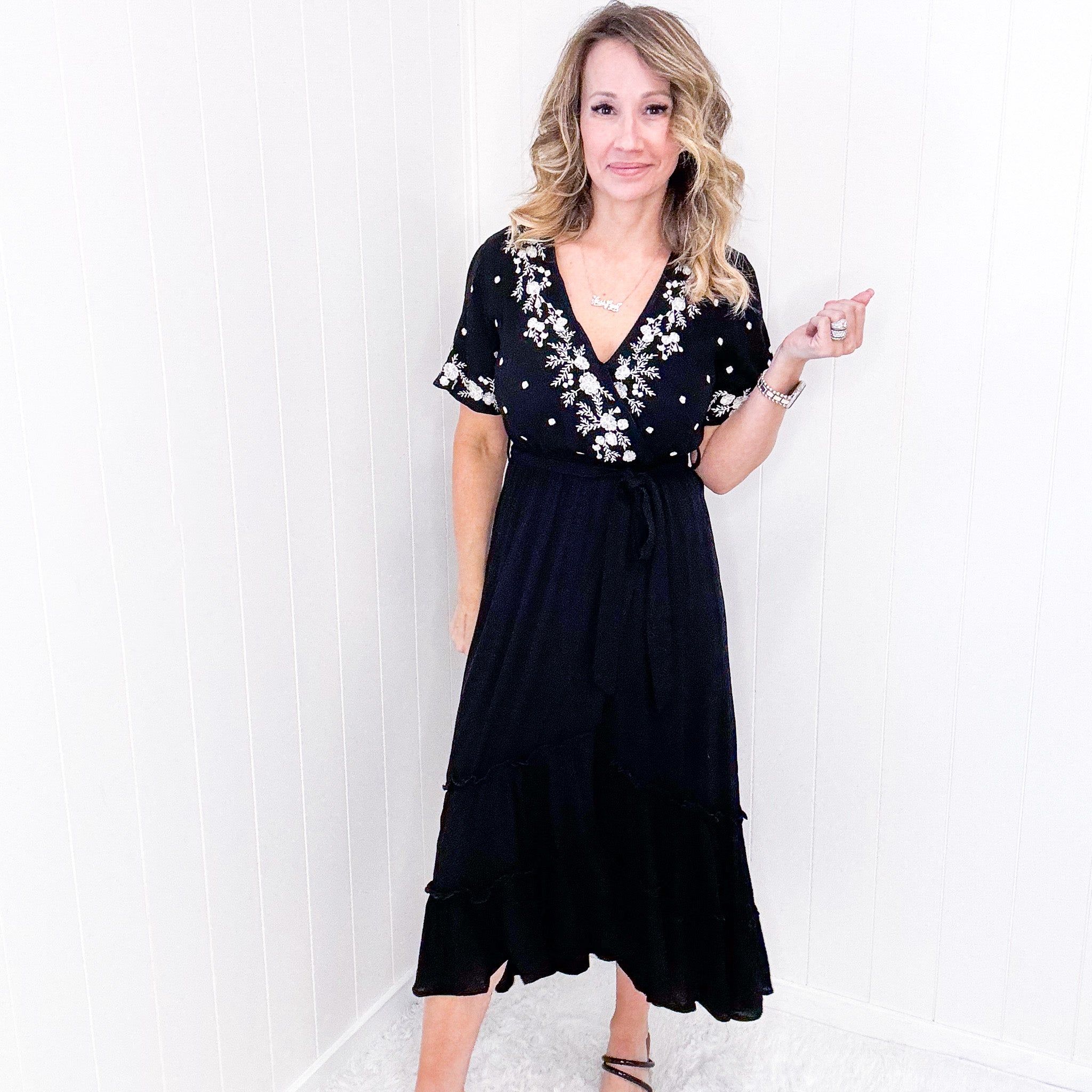 The Way You Look Tonight Black and Embroidered V-Neck Dress sold by Boujee Boutique product image thumbnail 2