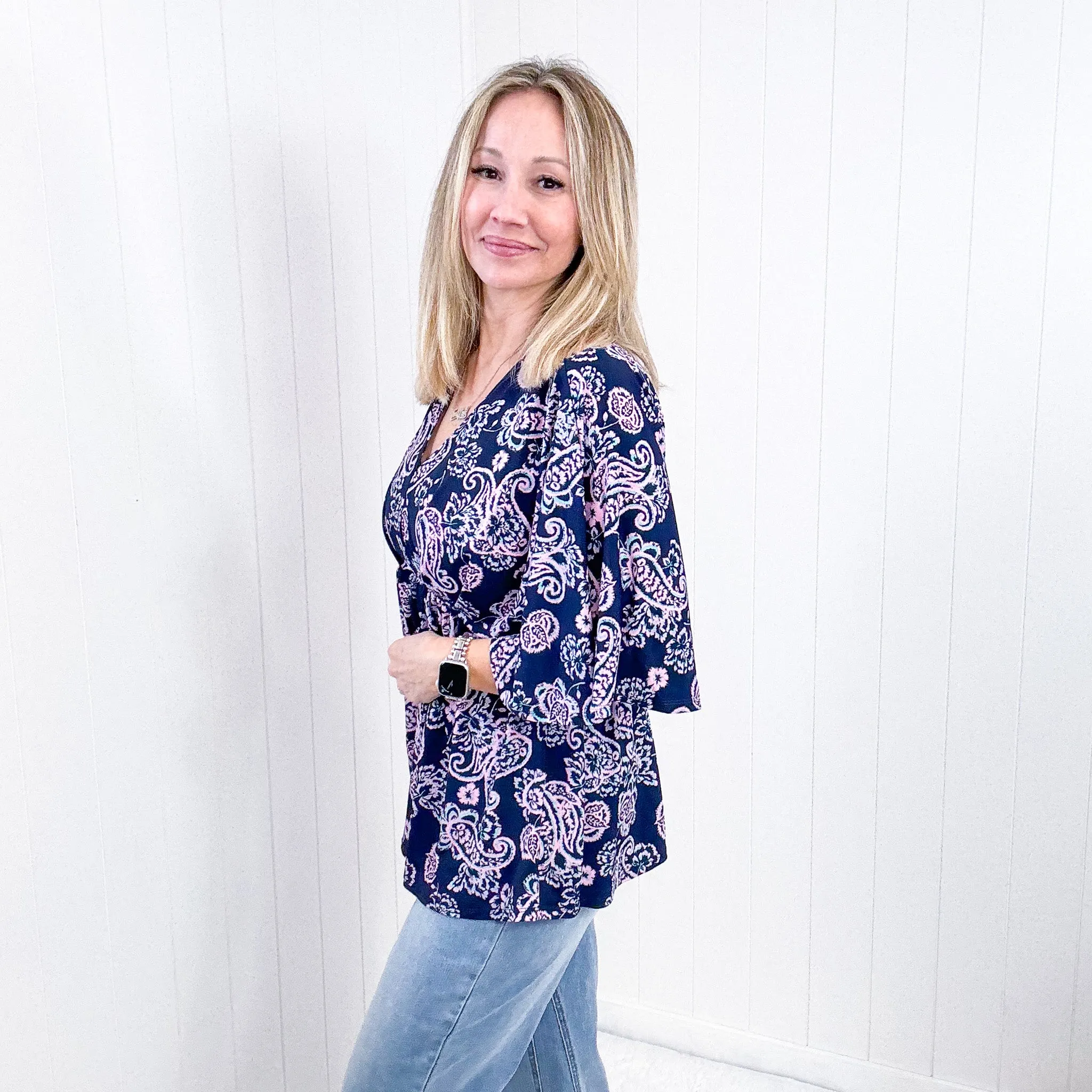 Dear Scarlett Dreamer Peplum Top in Navy and Pink Paisley sold by Boujee Boutique product image thumbnail 3