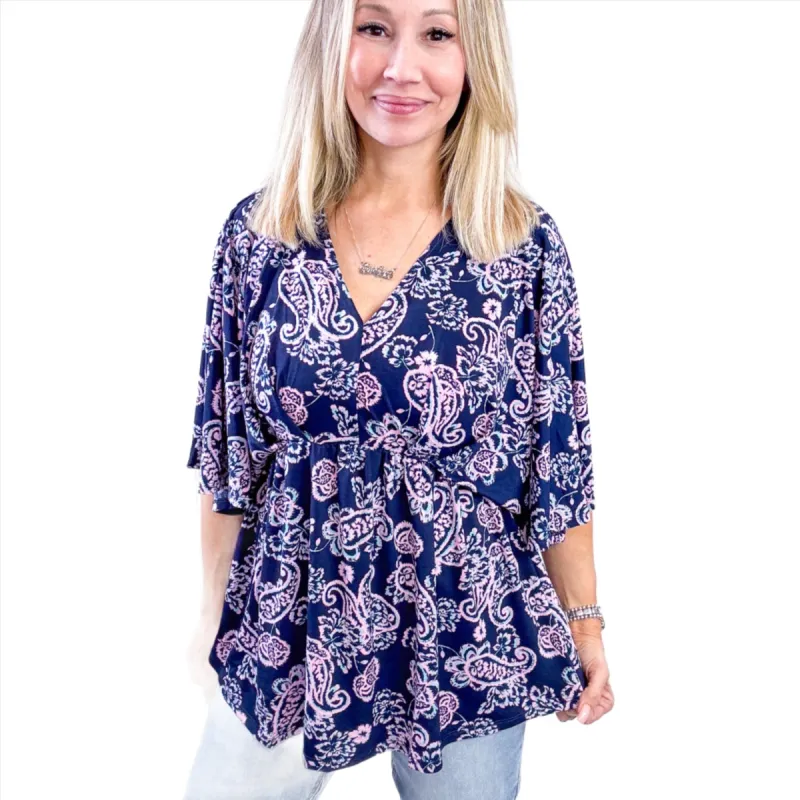 Dear Scarlett Dreamer Peplum Top in Navy and Pink Paisley sold by Boujee Boutique