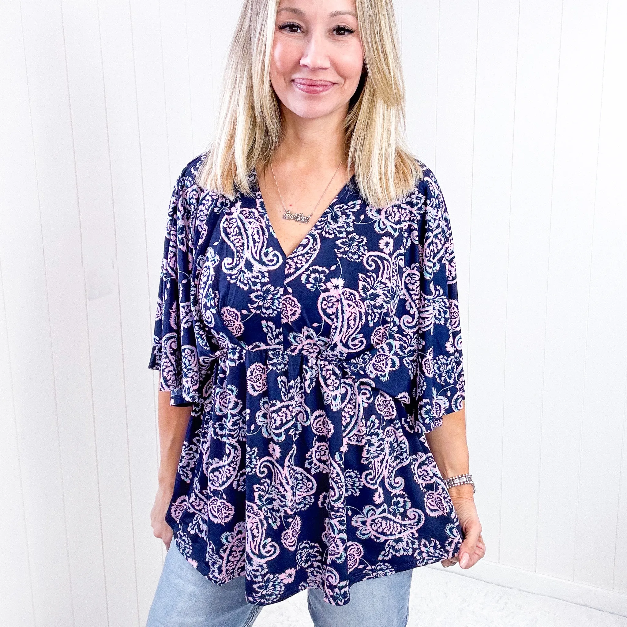 Dear Scarlett Dreamer Peplum Top in Navy and Pink Paisley sold by Boujee Boutique product image thumbnail 2