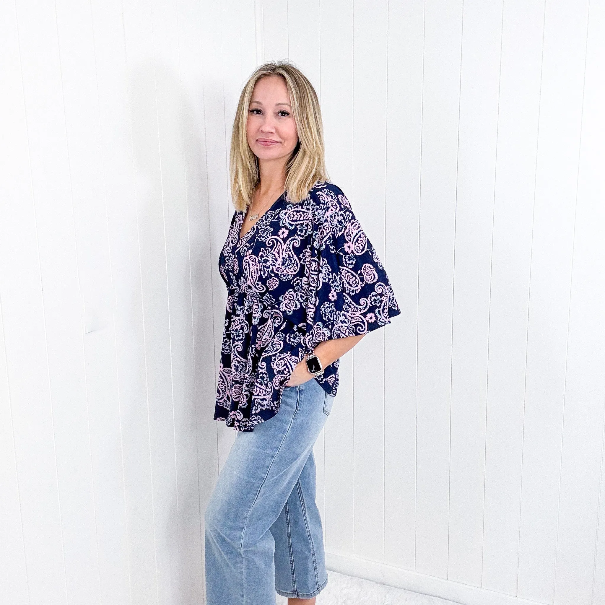 Dear Scarlett Dreamer Peplum Top in Navy and Pink Paisley sold by Boujee Boutique product image thumbnail 5