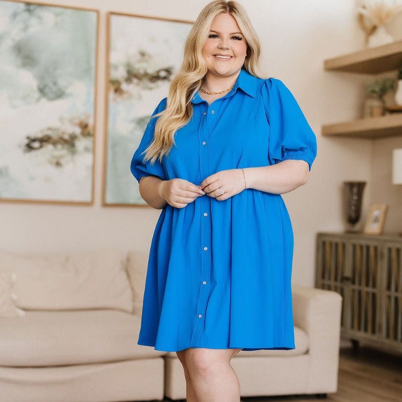 Blue Morning Glory Button Down Dress sold by Boujee Boutique