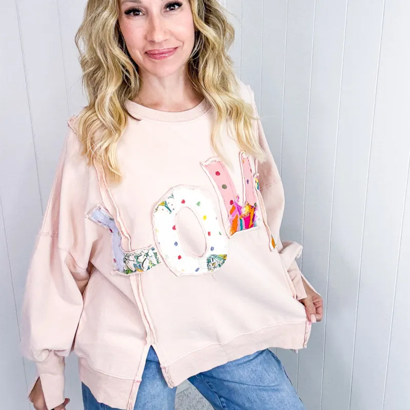 Whispers of Love Patch Washed Terry Knit Long Sleeve Pullover in Blush sold by Boujee Boutique