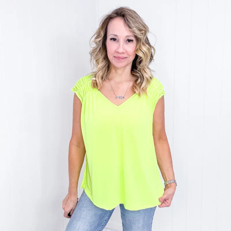 Dear Scarlett Ruched Cap Sleeve Top in Neon Green sold by Boujee Boutique