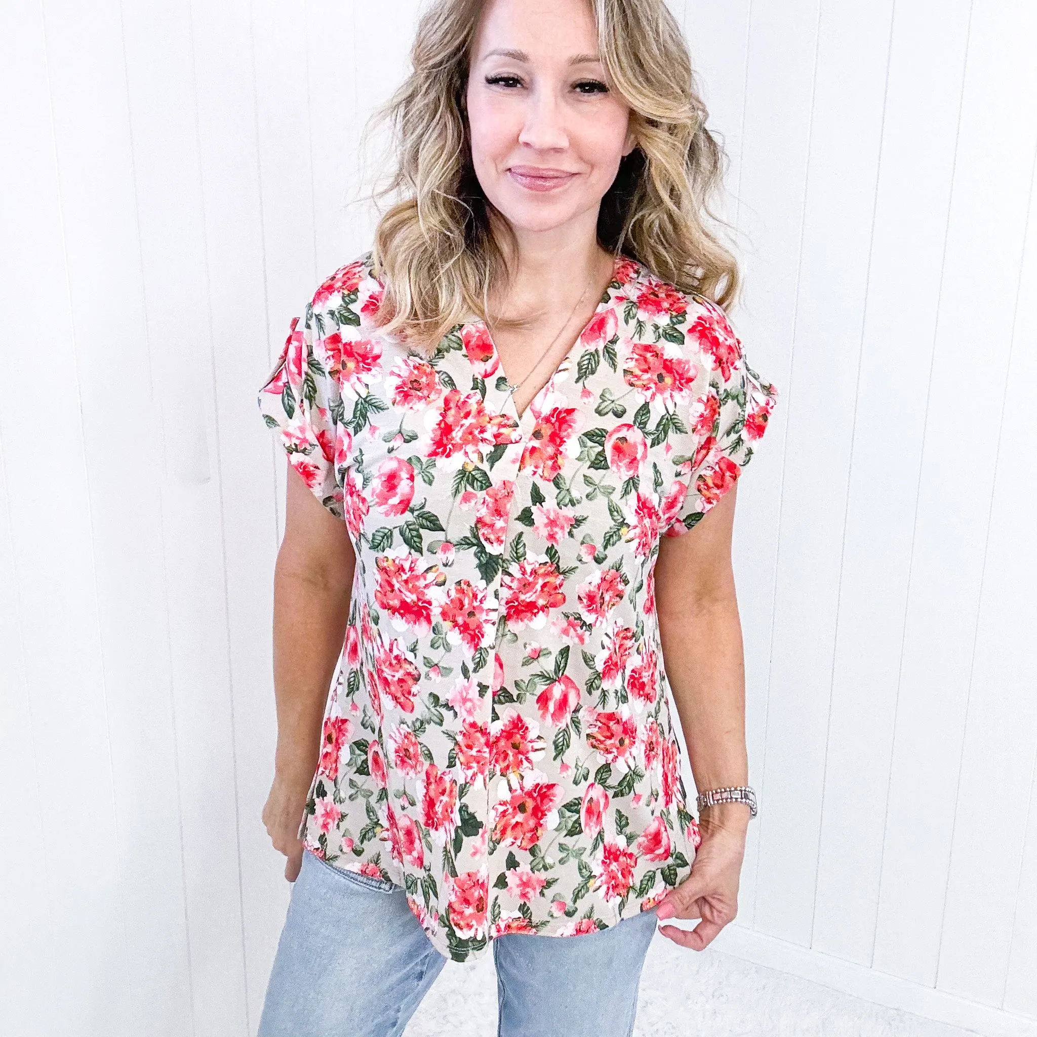 Dear Scarlett Lizzy Cap Sleeve Top in Coral and Beige Floral sold by Boujee Boutique