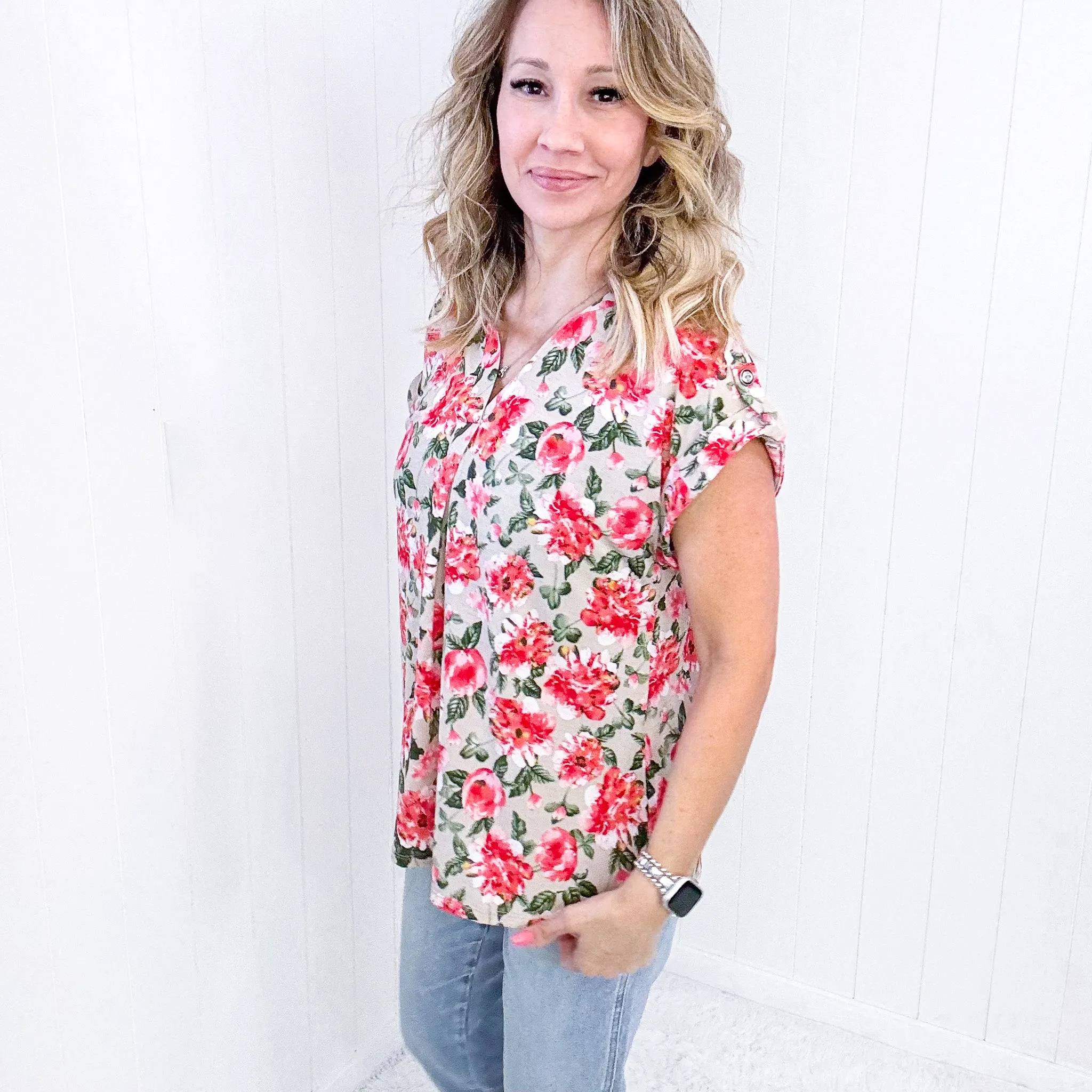 Dear Scarlett Lizzy Cap Sleeve Top in Coral and Beige Floral sold by Boujee Boutique product image thumbnail 4