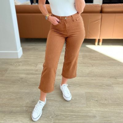 Judy Blue Briar High Waist Tummy Control Wide Leg Crop Jeans in Camel made by Judy Blue