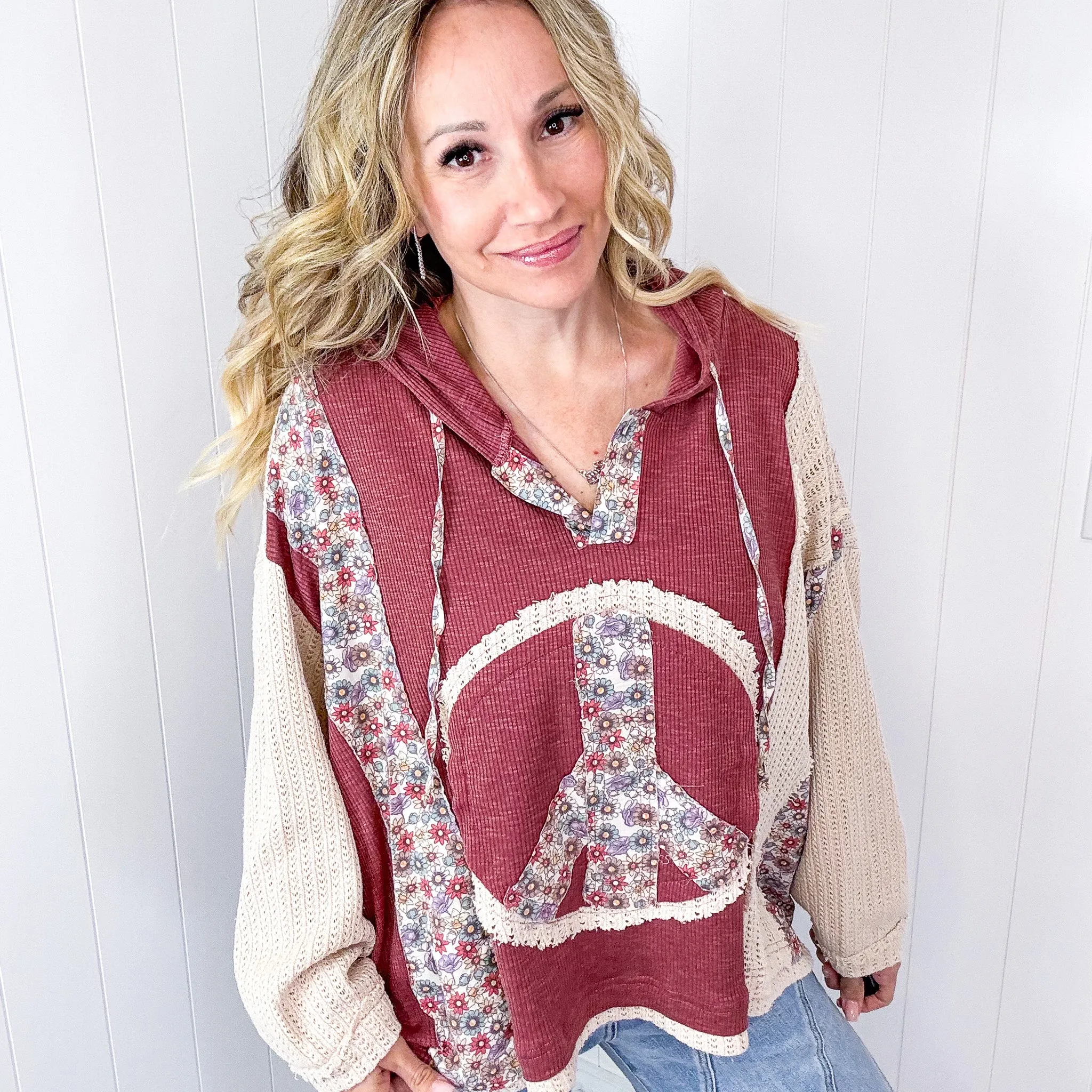 POL Patchwork Peace and Soul Oversized Floral and Knit Sweater Knit Long Sleeve Hoody in 5 Options sold by Boujee Boutique product image thumbnail 3