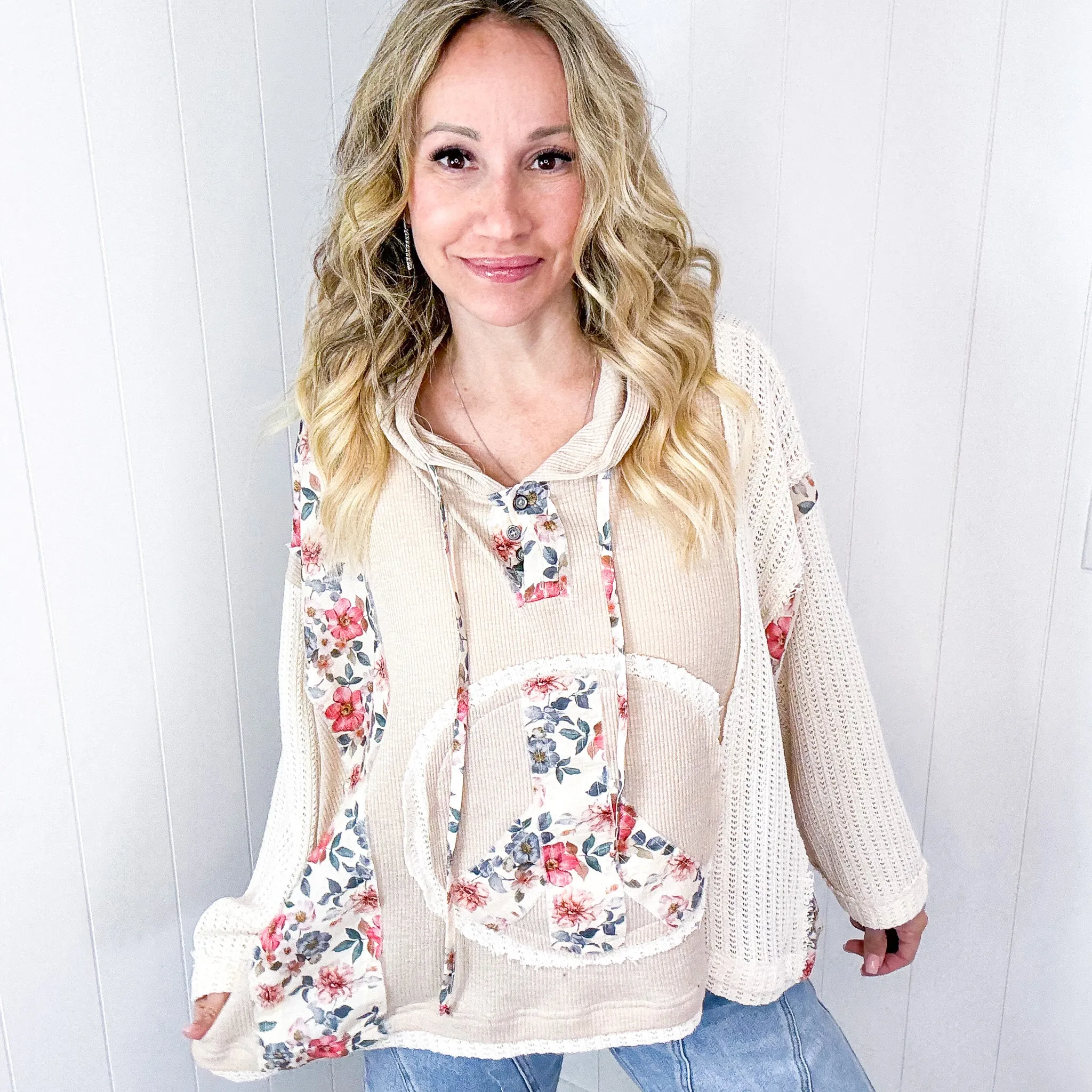 POL Patchwork Peace and Soul Oversized Floral and Knit Sweater Knit Long Sleeve Hoody in 5 Options sold by Boujee Boutique product image thumbnail 4