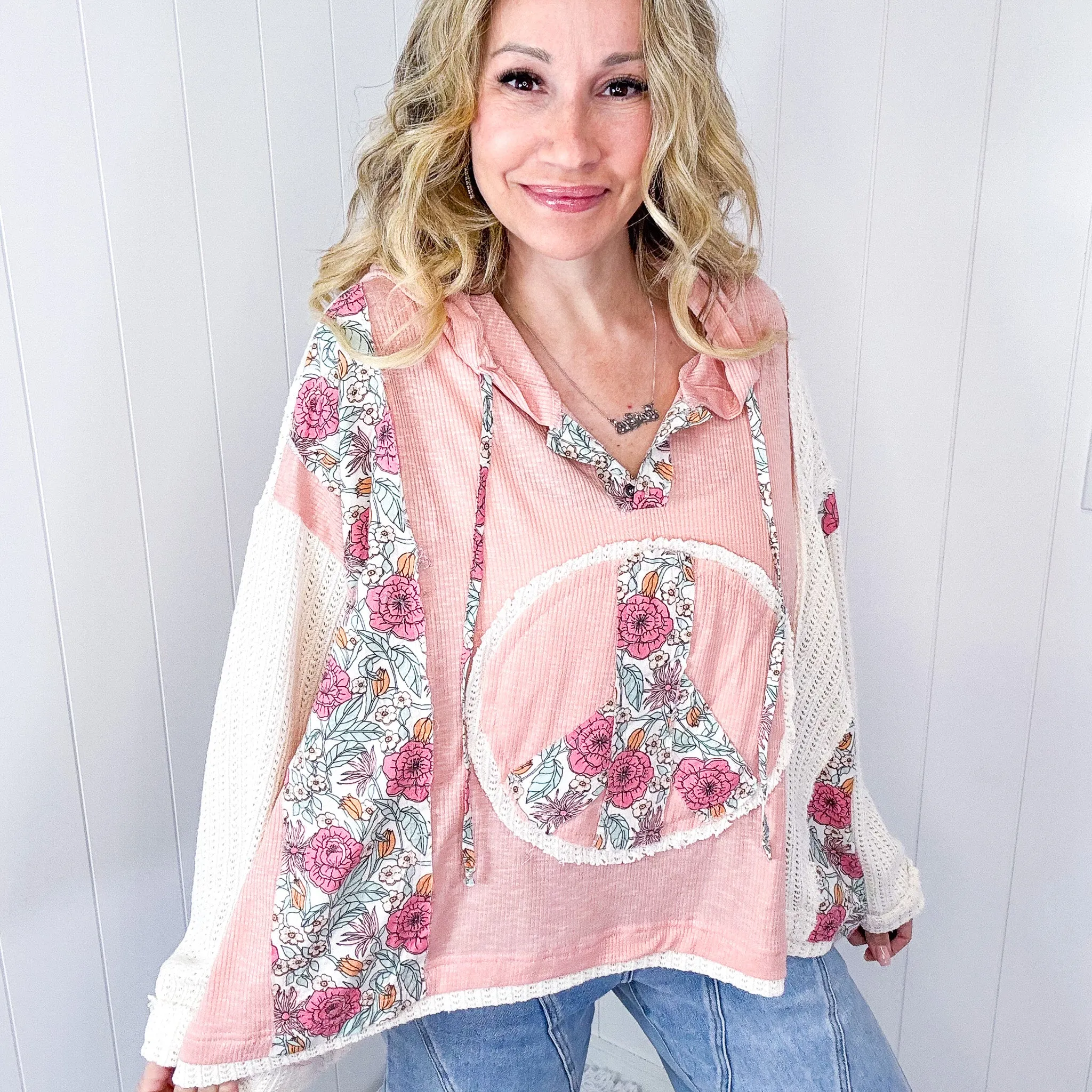 POL Patchwork Peace and Soul Oversized Floral and Knit Sweater Knit Long Sleeve Hoody in 5 Options sold by Boujee Boutique
