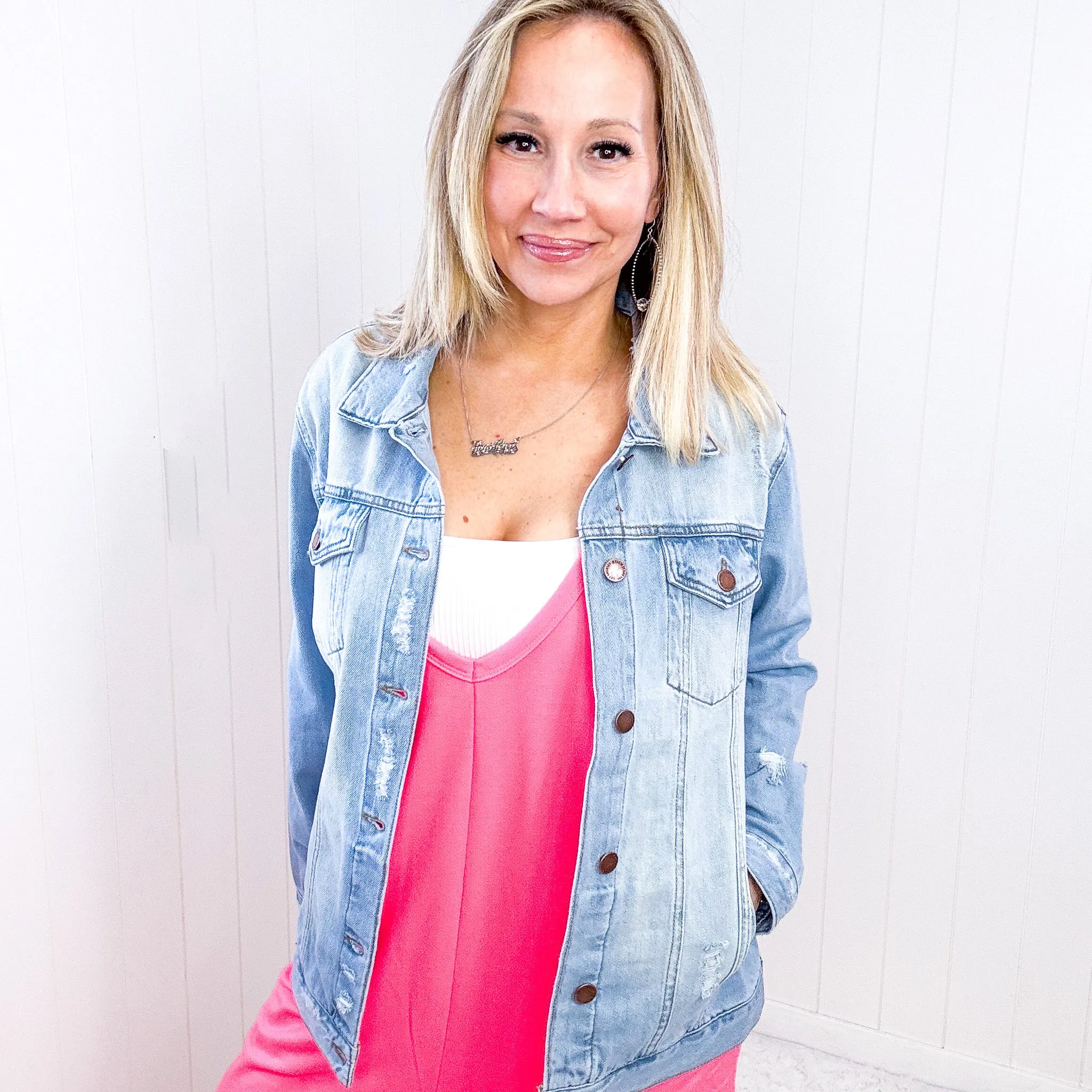 RISEN Light Wash Distressed Long Sleeve Denim Jacket sold by Boujee Boutique product image thumbnail 5