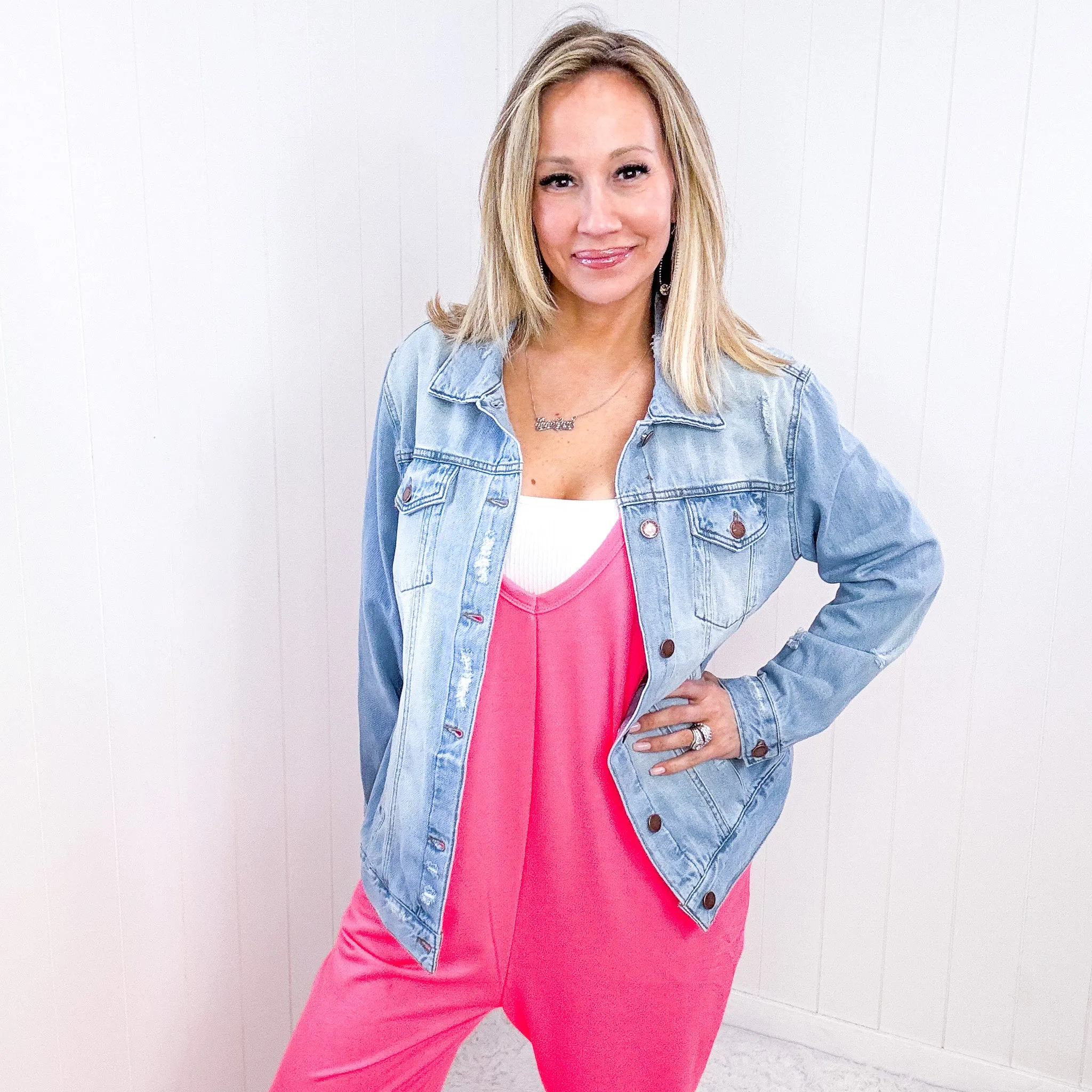 RISEN Light Wash Distressed Long Sleeve Denim Jacket sold by Boujee Boutique product image thumbnail 3