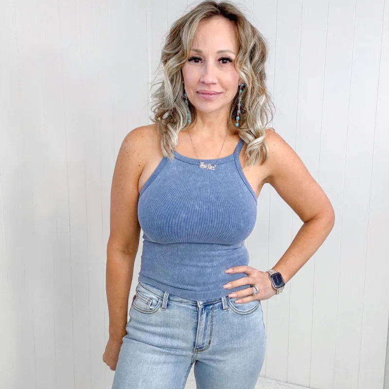 Denim Blue Casual Sleeveless Ribbed Halter Top Tank sold by Boujee Boutique