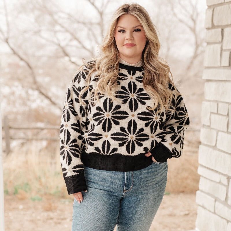 Mid Mod Black and White Floral Sweater sold by Boujee Boutique