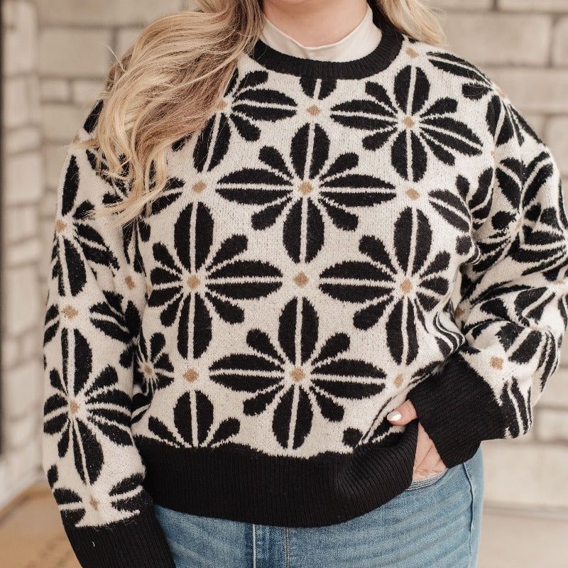Mid Mod Black and White Floral Sweater sold by Boujee Boutique product image thumbnail 3