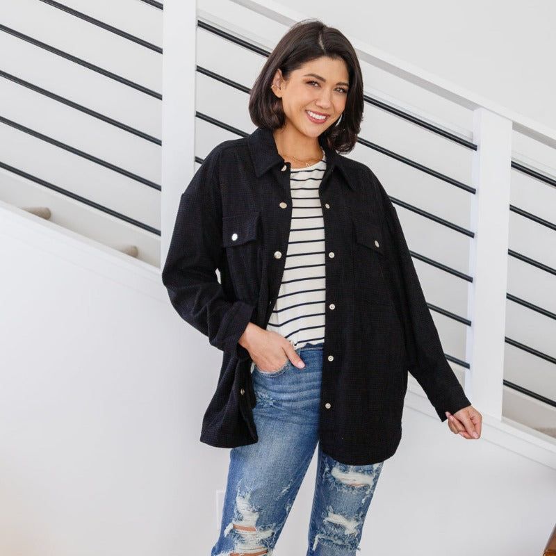 Black Corduroy Come Rain or Shine Button Down Top sold by Boujee Boutique product image thumbnail 3