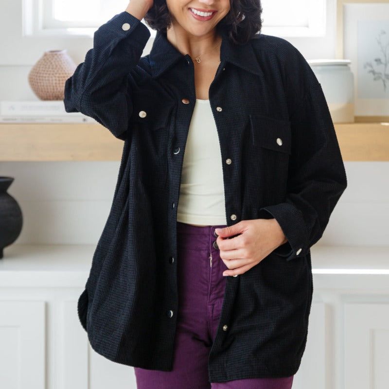 Black Corduroy Come Rain or Shine Button Down Top sold by Boujee Boutique