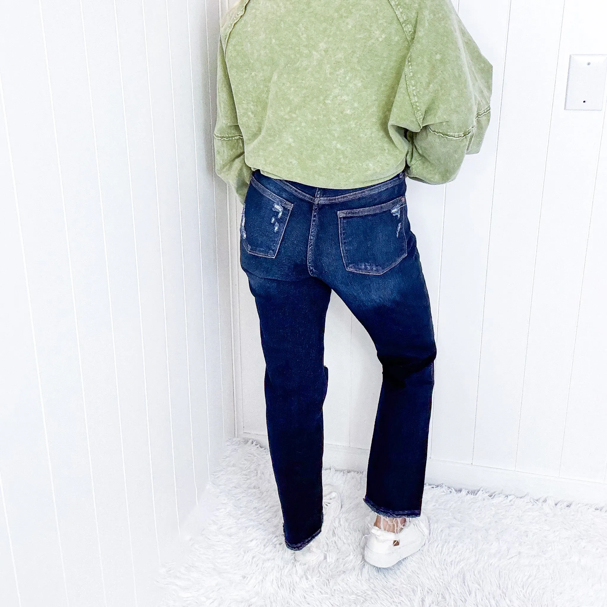 Judy Blue Judylicious Rigid Dark Wash Mid Rise Distressed Straight Leg Jeans sold by Boujee Boutique product image thumbnail 2