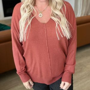 V-Neck Front Seam Sweater in Heather Rust sold by Boujee Boutique