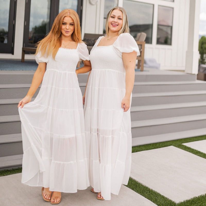 White Tiered Easy On Me Maxi Dress sold by Boujee Boutique