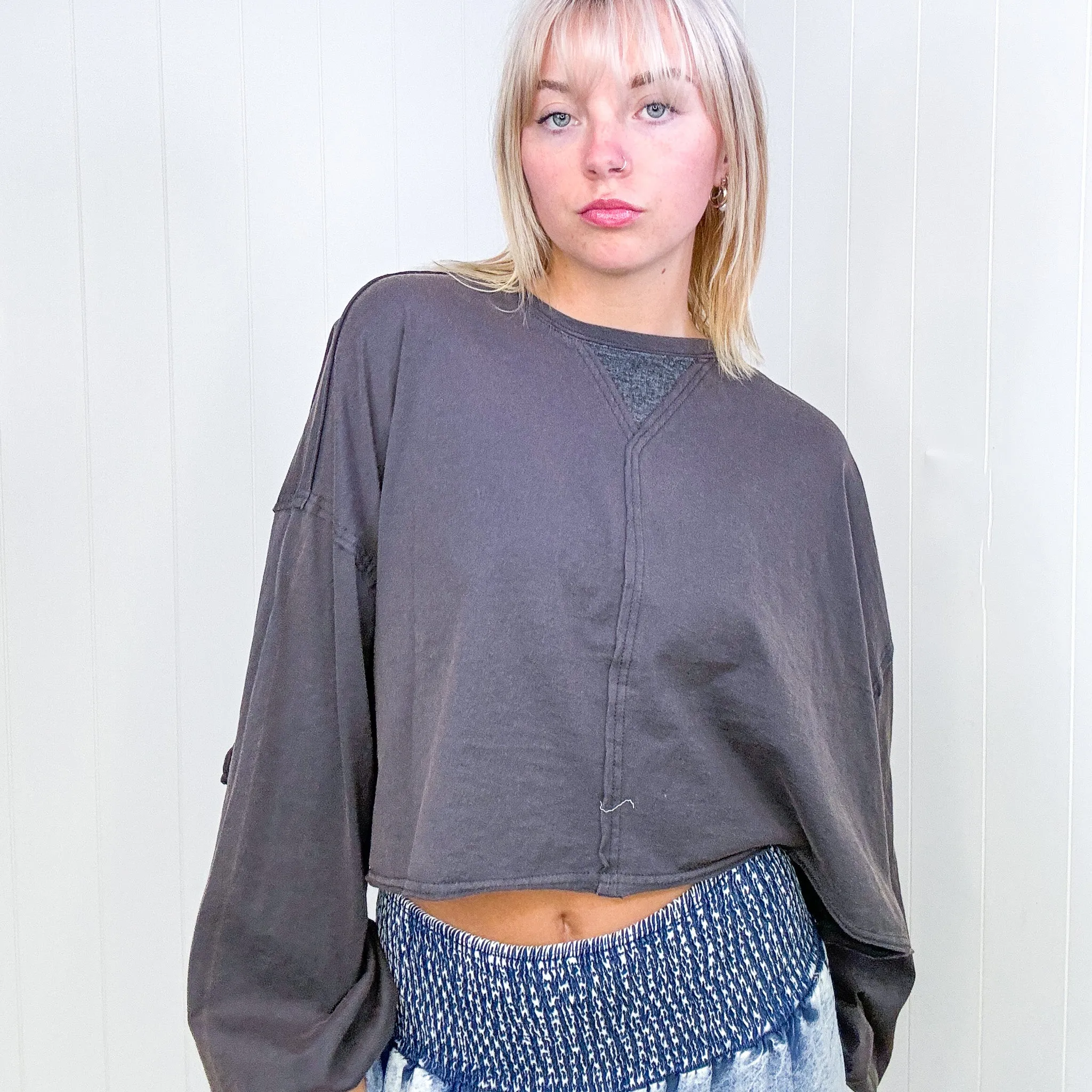POL Love in Cali Oversized Charcoal Cropped Long Sleeve Top sold by Boujee Boutique product image thumbnail 4