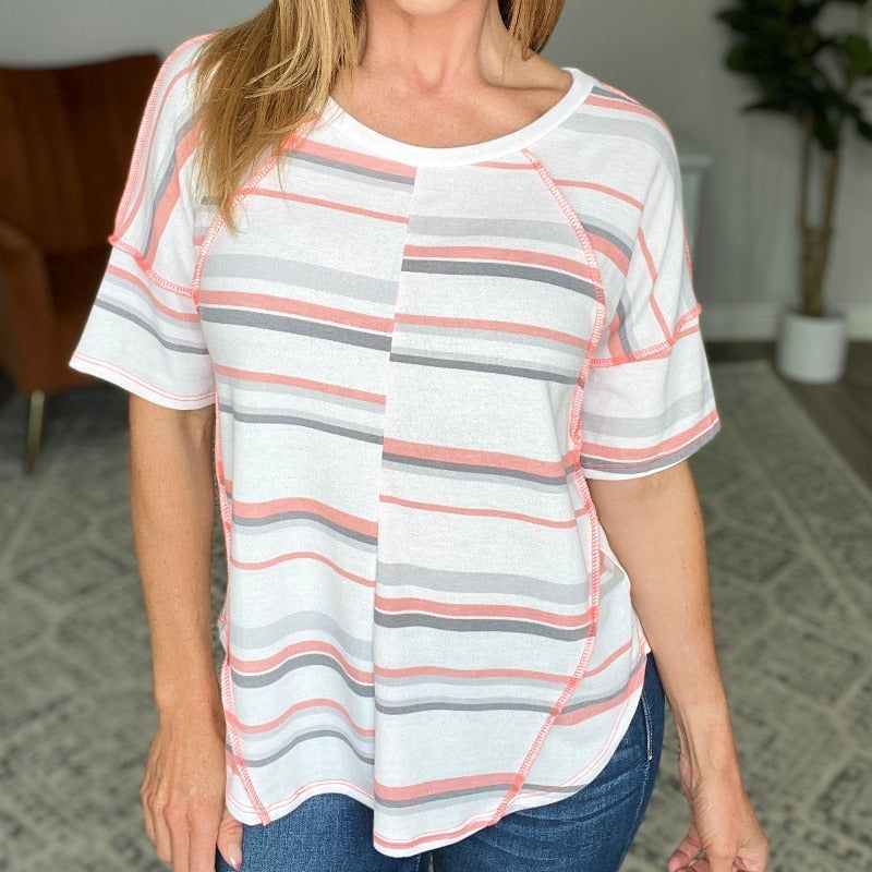 Round Neck Drop Shoulder Striped Short Sleeve Top sold by Boujee Boutique