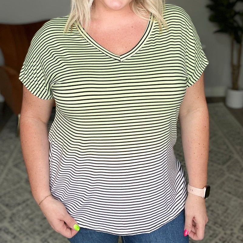 Ombre Stripe V-Neck Short Sleeve Top in Lime sold by Boujee Boutique