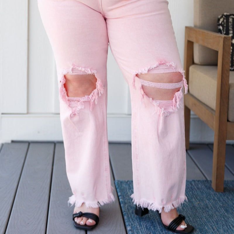 Risen Distressed Straight Jeans in Pink sold by Boujee Boutique product image thumbnail 4