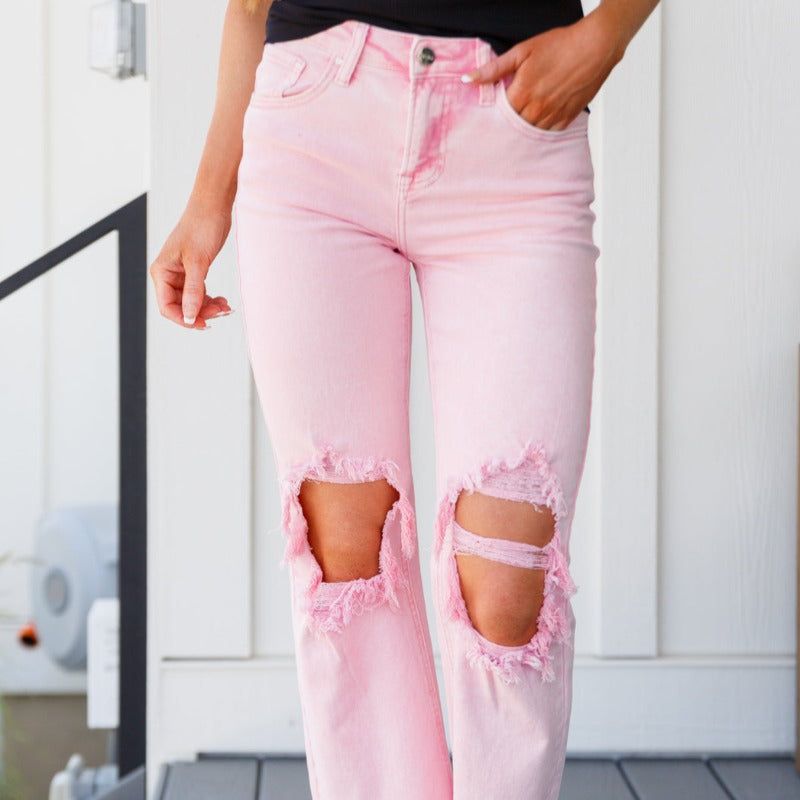 Risen Distressed Straight Jeans in Pink sold by Boujee Boutique product image thumbnail 3