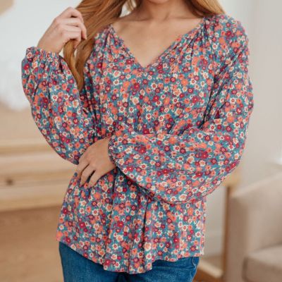 Sunday Brunch Blouse in Denim Floral sold by Boujee Boutique