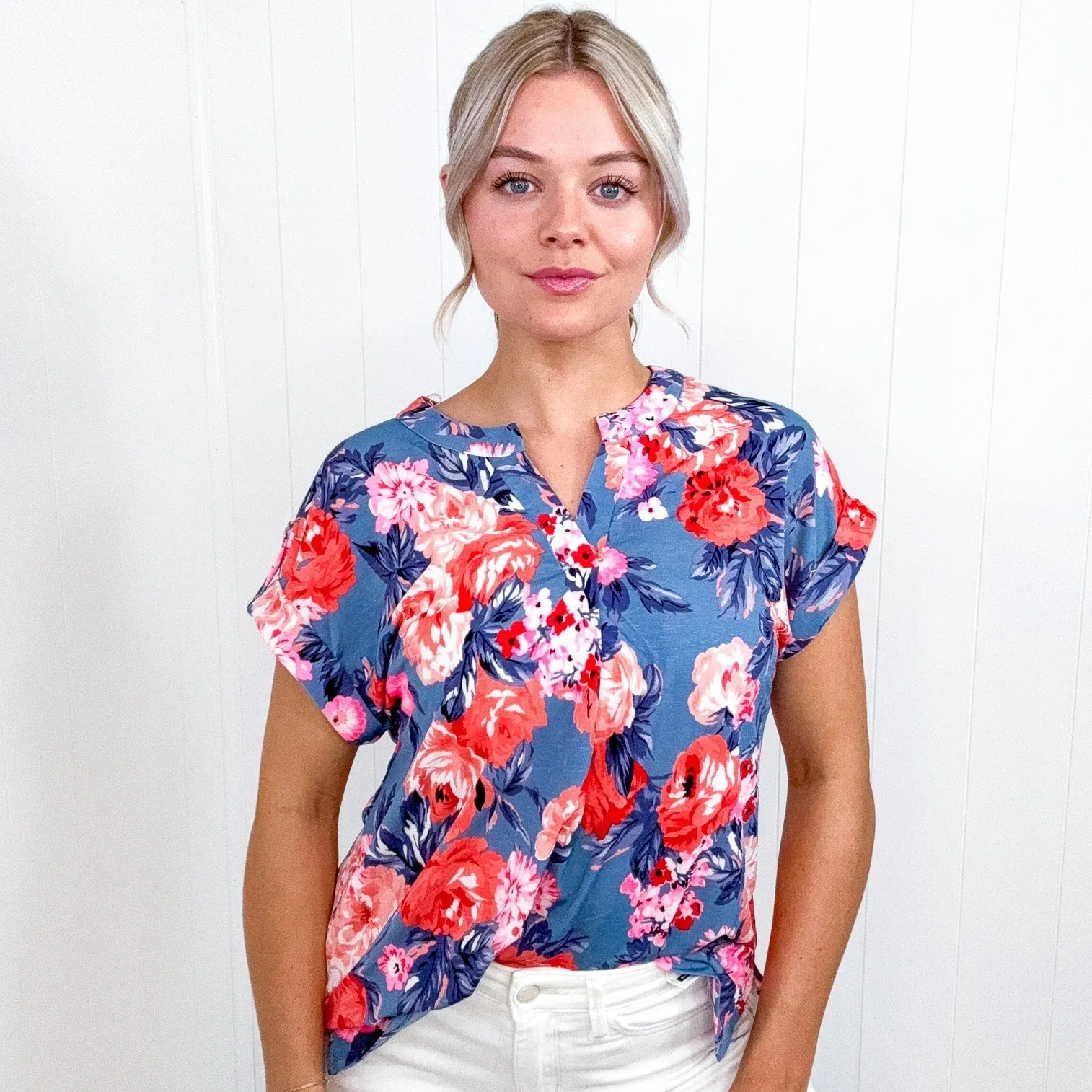 Dear Scarlett Lizzy Cap Sleeve Top in Dusty Blue and Coral Roses sold by Boujee Boutique product image thumbnail 3