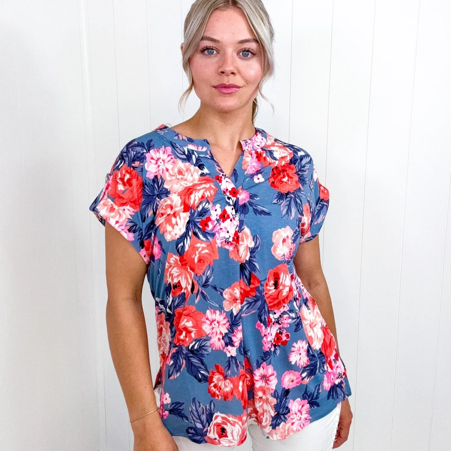 Dear Scarlett Lizzy Cap Sleeve Top in Dusty Blue and Coral Roses sold by Boujee Boutique product image thumbnail 5