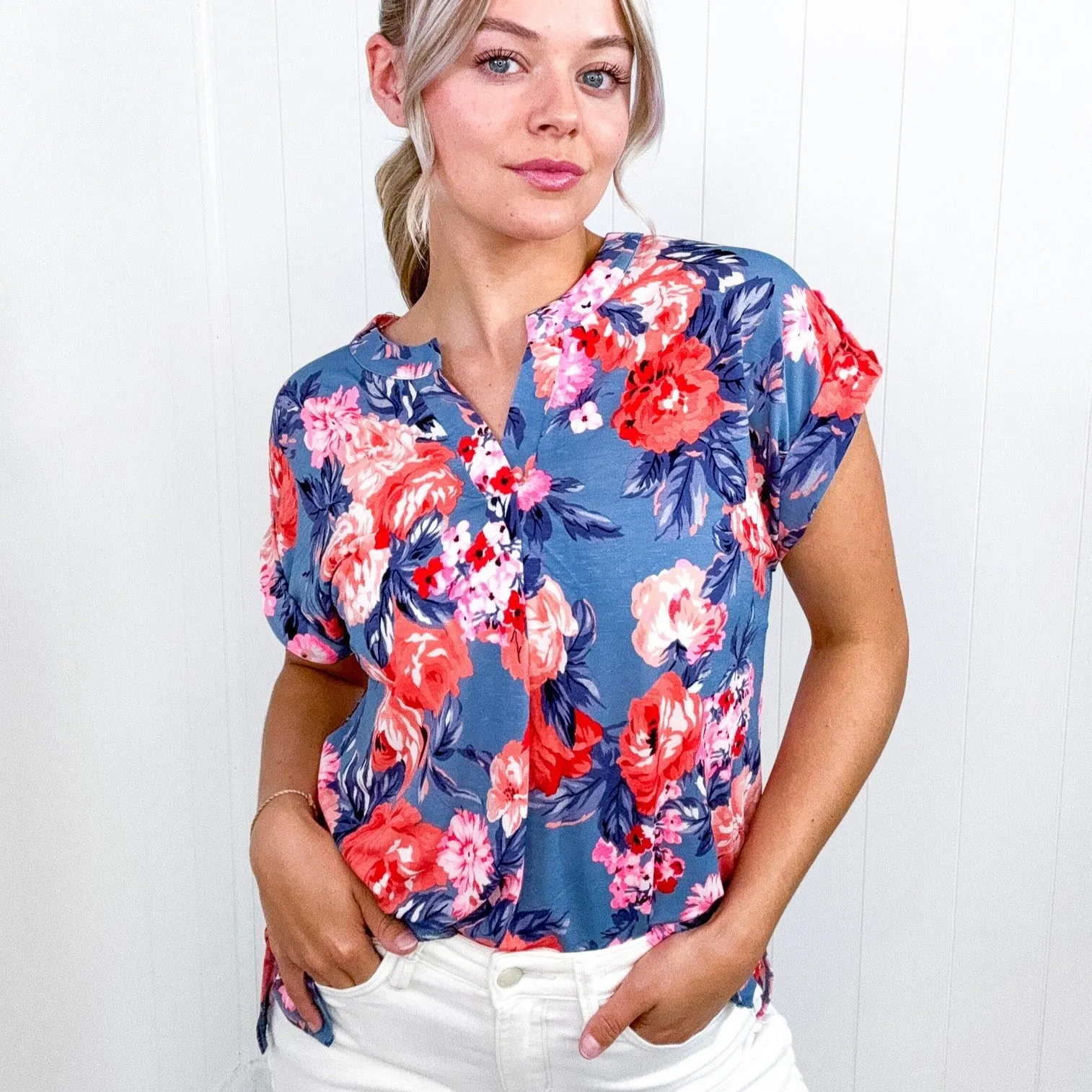 Dear Scarlett Lizzy Cap Sleeve Top in Dusty Blue and Coral Roses sold by Boujee Boutique product image thumbnail 4