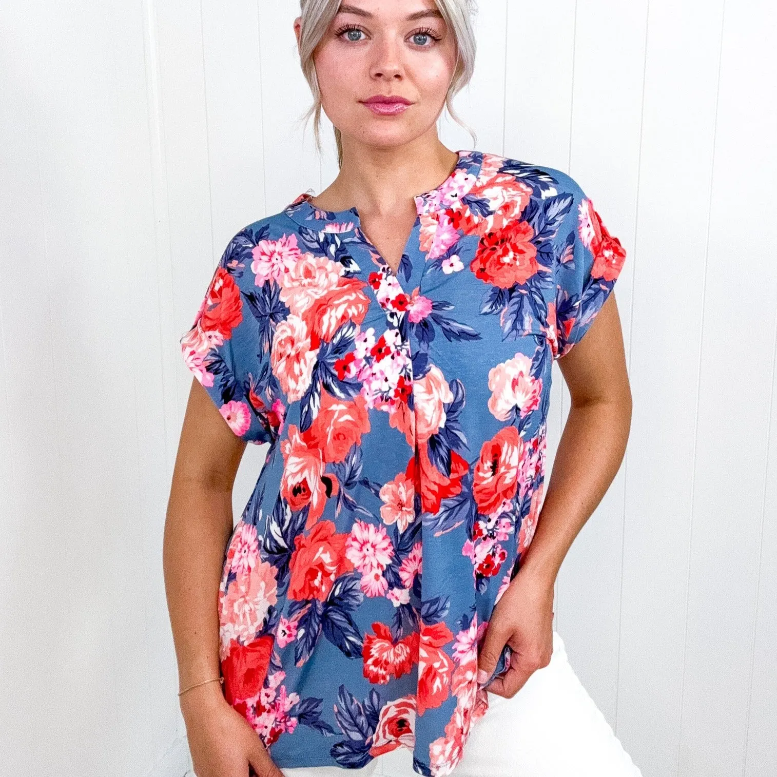 Dear Scarlett Lizzy Cap Sleeve Top in Dusty Blue and Coral Roses sold by Boujee Boutique