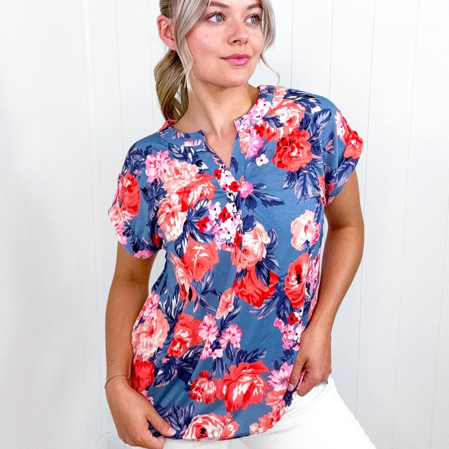 Dear Scarlett Lizzy Cap Sleeve Top in Dusty Blue and Coral Roses sold by Boujee Boutique product image thumbnail 2