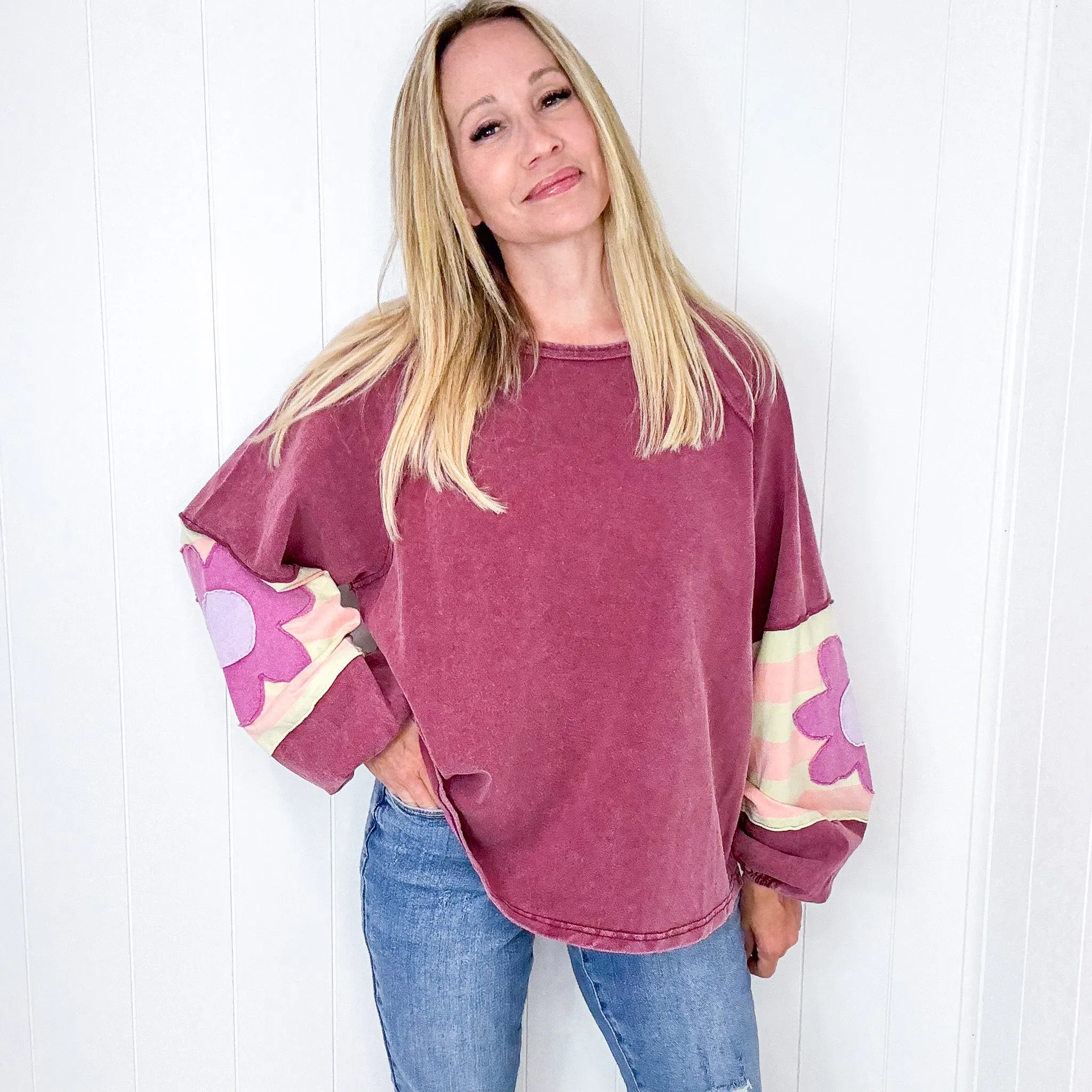 Faded Floral Patch Terry Knit Mineral Washed Long Sleeve Pullover in 4 Colors sold by Boujee Boutique product image thumbnail 2