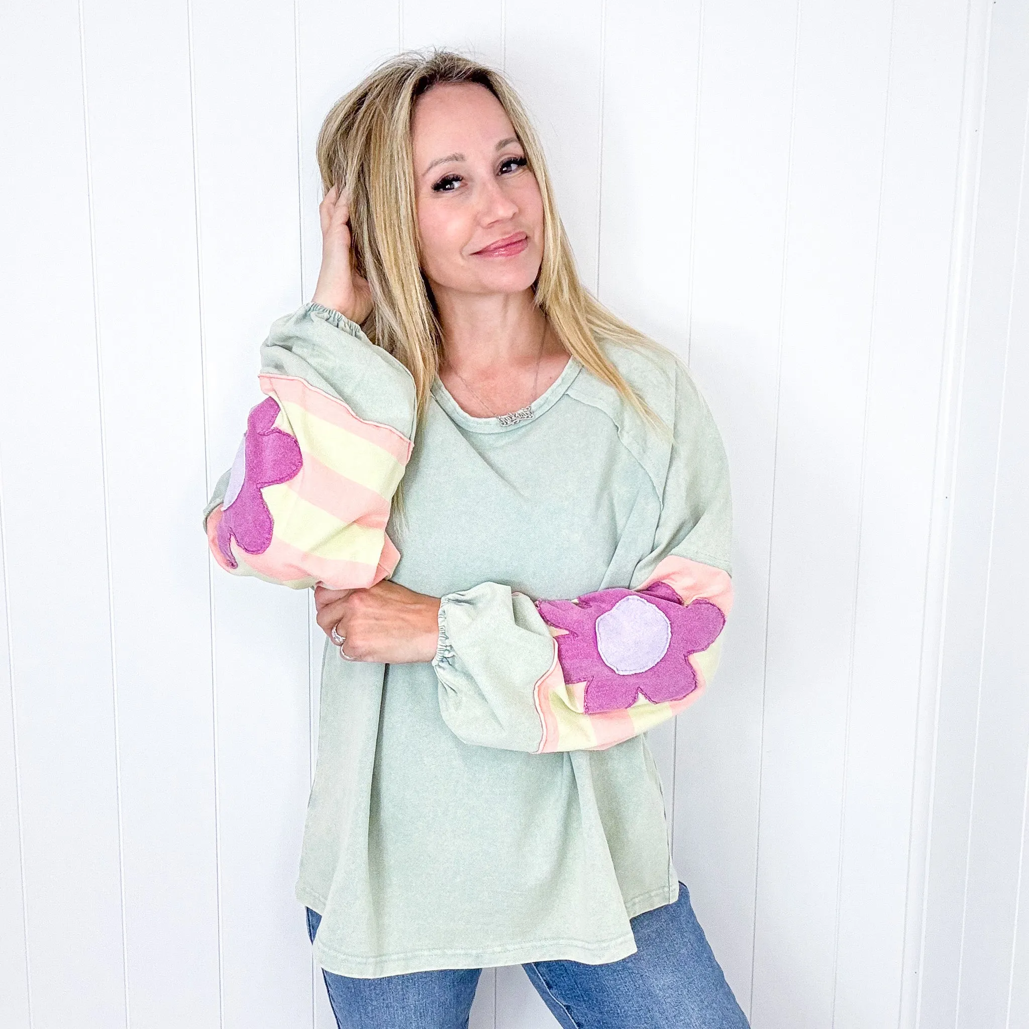 Faded Floral Patch Terry Knit Mineral Washed Long Sleeve Pullover in 4 Colors sold by Boujee Boutique