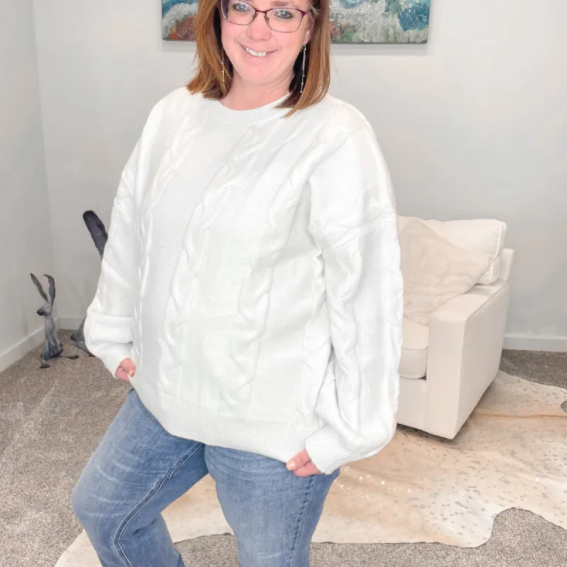Soft Cream Long Sleeve Cable Sweater sold by Boujee Boutique