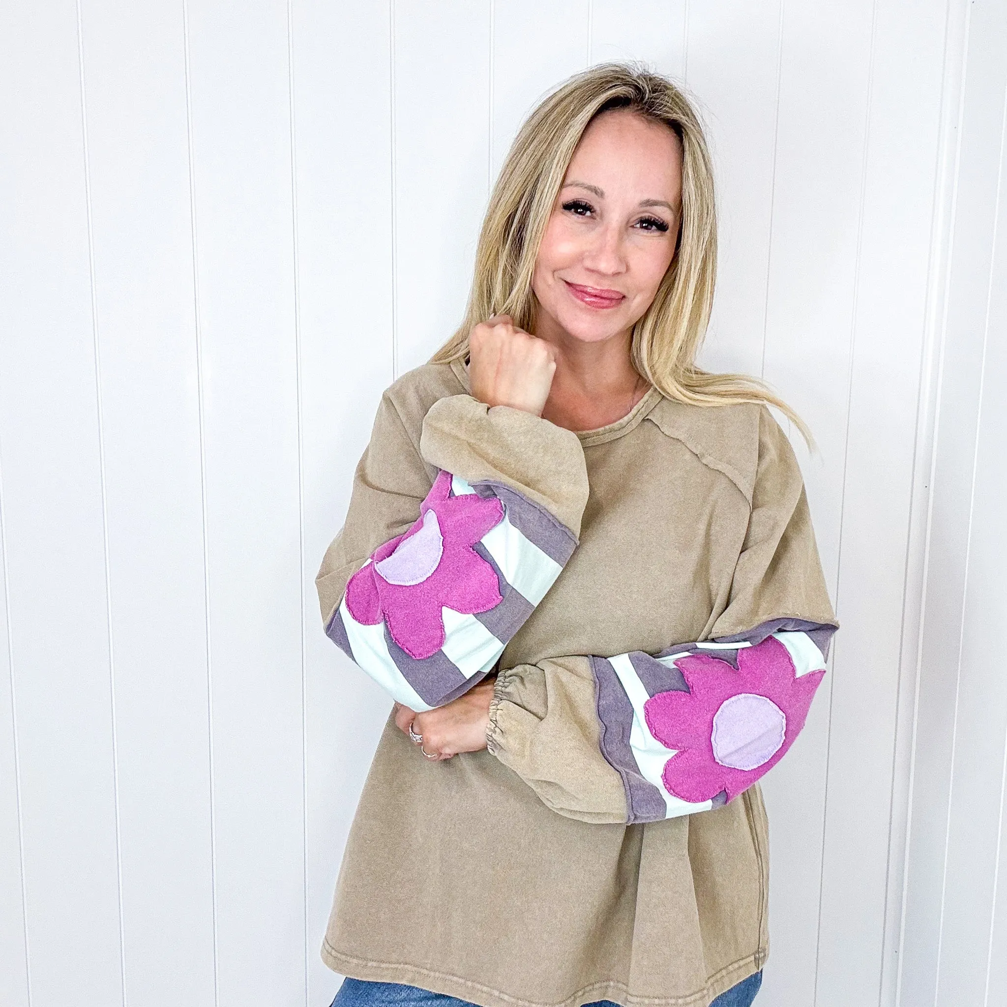 Faded Floral Patch Terry Knit Mineral Washed Long Sleeve Pullover in 4 Colors sold by Boujee Boutique product image thumbnail 4