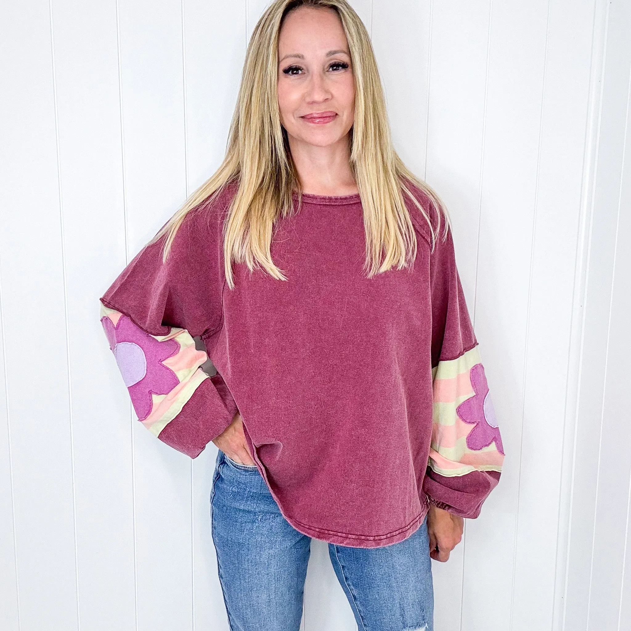 Faded Floral Patch Terry Knit Mineral Washed Long Sleeve Pullover in 4 Colors sold by Boujee Boutique product image thumbnail 5