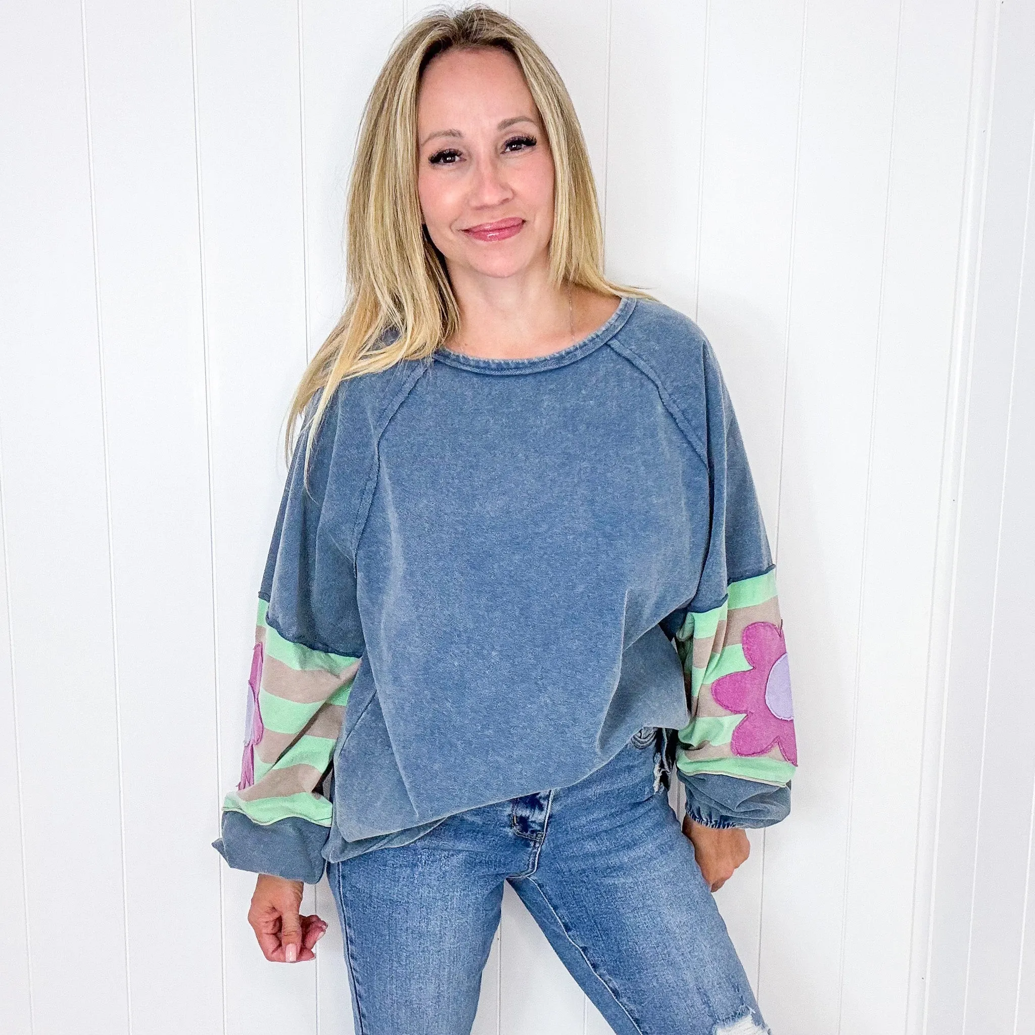 Faded Floral Patch Terry Knit Mineral Washed Long Sleeve Pullover in 4 Colors sold by Boujee Boutique product image thumbnail 3