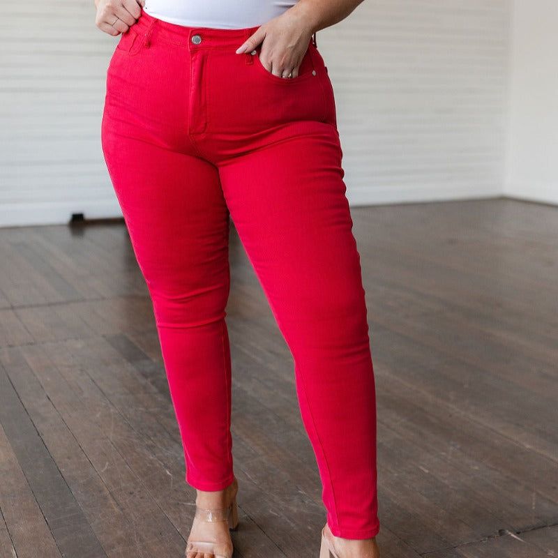 Judy Blue High Rise Control Top Garment Dyed Red Skinny Jeans sold by Boujee Boutique product image thumbnail 3
