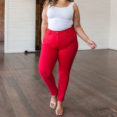 Judy Blue High Rise Control Top Garment Dyed Red Skinny Jeans sold by Boujee Boutique