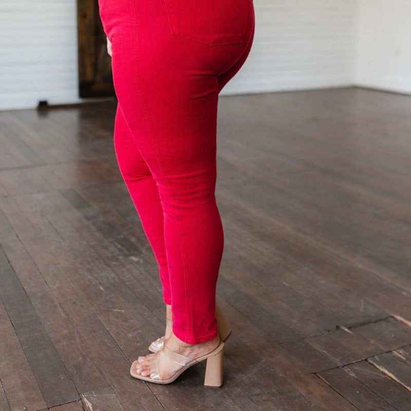 Judy Blue High Rise Control Top Garment Dyed Red Skinny Jeans sold by Boujee Boutique product image thumbnail 4