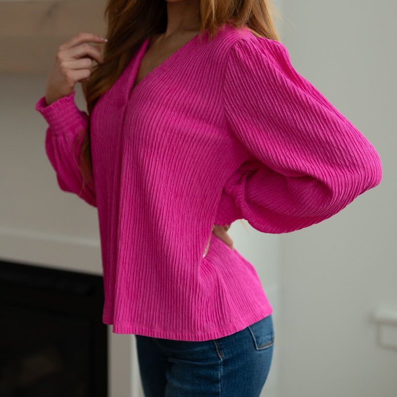 Fuchsia Very Refined V-Neck Blouse sold by Boujee Boutique product image thumbnail 5