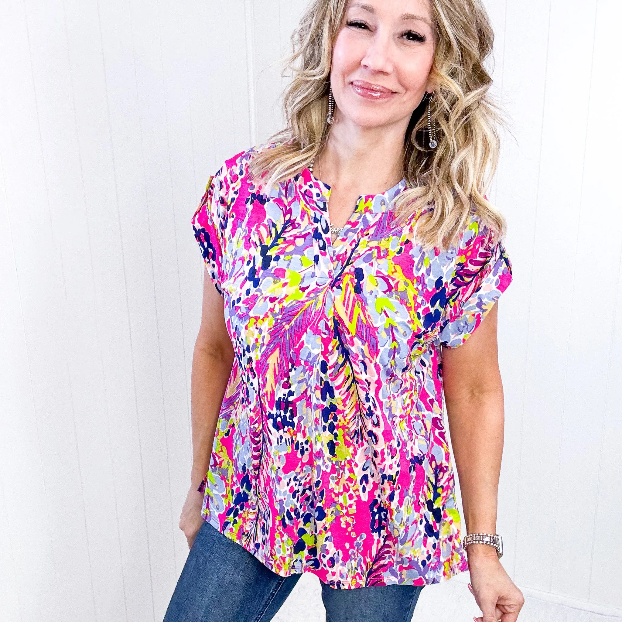 Dear Scarlett Lizzy Cap Sleeve Top in Pink Abstract Floral sold by Boujee Boutique product image thumbnail 3