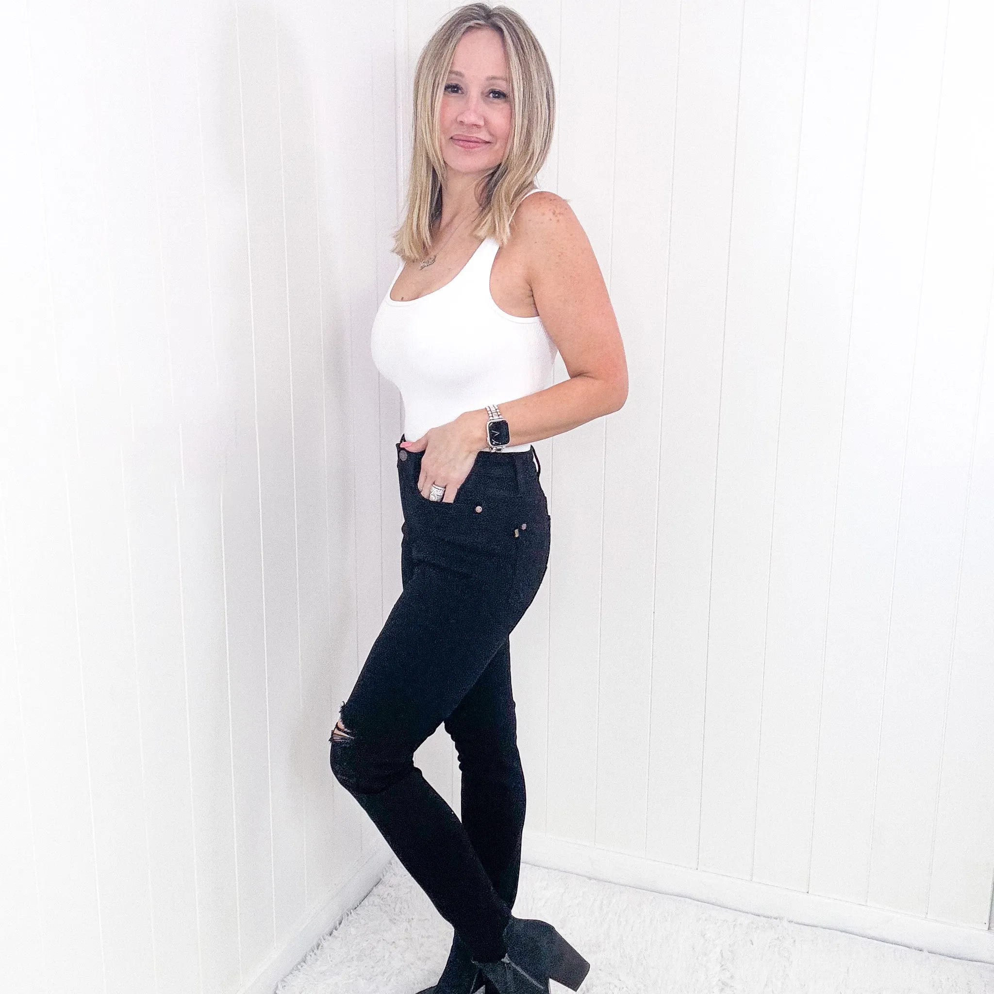 Judy Blue Black Distressed Tummy Control High Waist Skinny Jeans sold by Boujee Boutique product image thumbnail 3