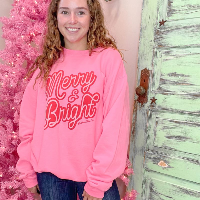 Christmas Merry Bright Hot Pink Long Sleeve Fleece Sweatshirt sold by Boujee Boutique product image thumbnail 2
