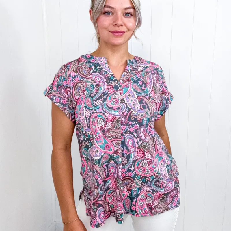 Dear Scarlett Lizzy Cap Sleeve Top in Charcoal and Pink Paisley sold by Boujee Boutique